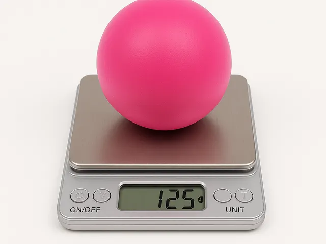 Pelota de malabares sobre una báscula marcando 125 g