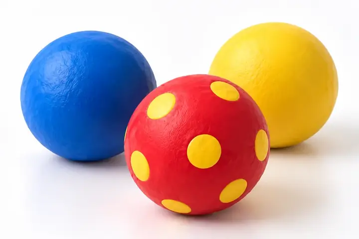 Tres pelotas de malabares hechas con globos: azul, amarilla y roja con lunares amarillos