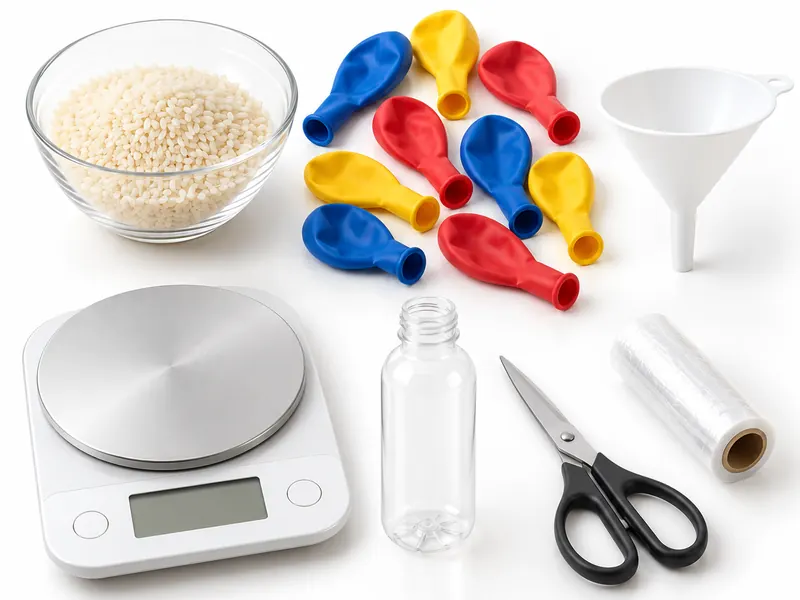 Materiales para hacer pelotas de malabares: arroz, globos, báscula, embudo, botella, tijeras y film