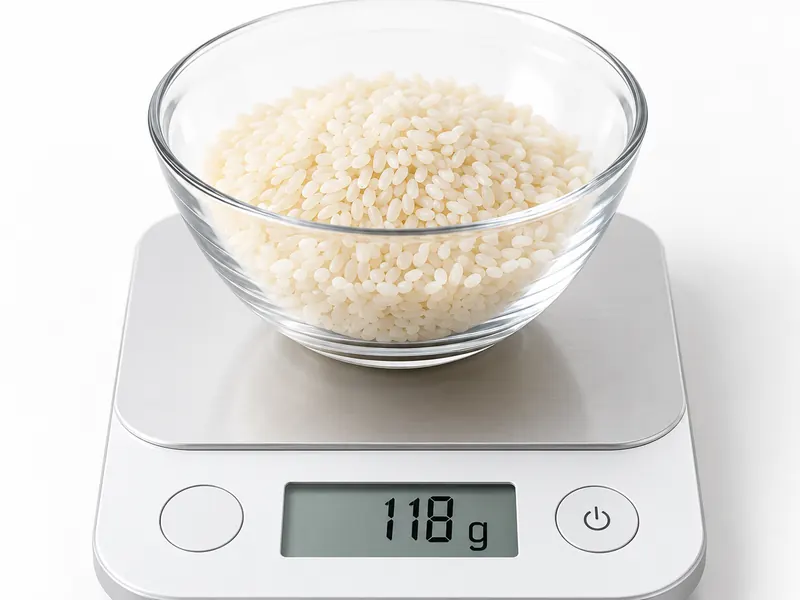 Arroz en un cuenco sobre una báscula de cocina marcando 118 g