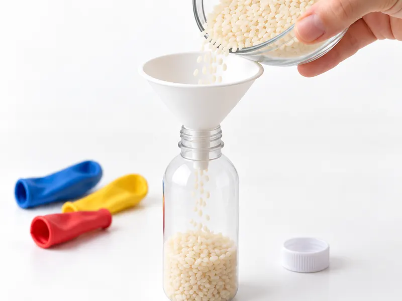 Arroz cayendo por un embudo dentro de una botella pequeña de plástico