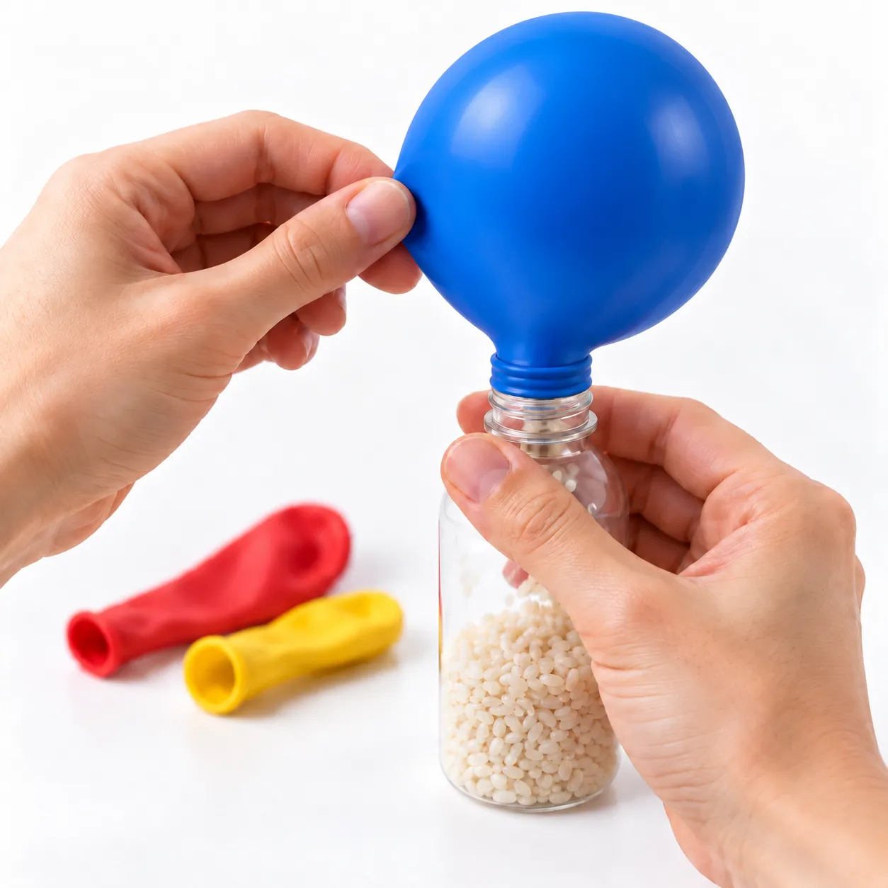 Globo azul encajado en la boca de una botella con arroz