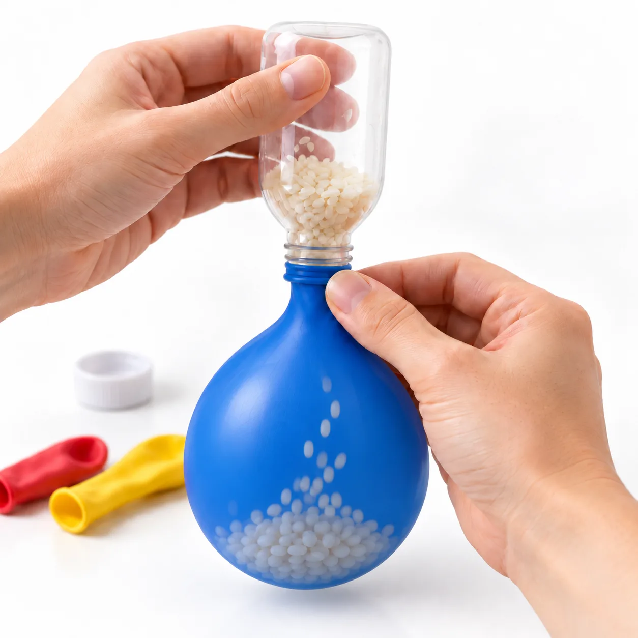 Botella boca abajo vaciando el arroz dentro de un globo azul