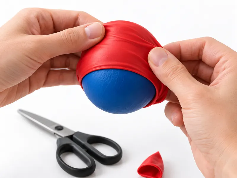Manos estirando un globo rojo sobre la pelota azul de arroz