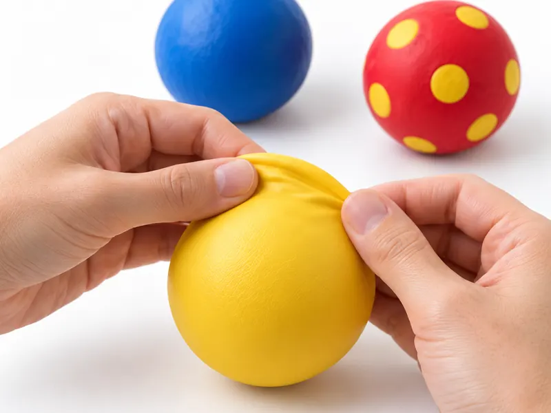 Manos cerrando una pelota de malabares con un globo amarillo; detrás, dos pelotas terminadas